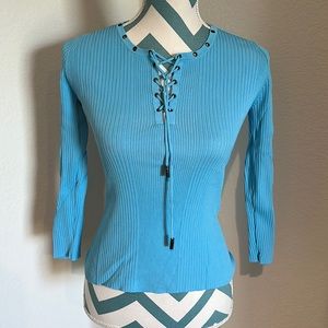 Cache aqua blue ribbed shirt, size M, three quarter sleeves, lace up front